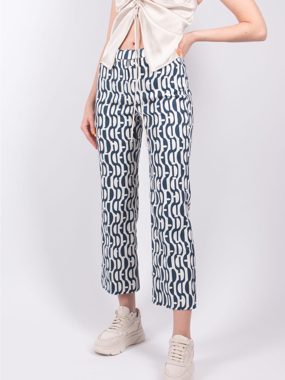 MaxMara Navy & White Cotton Cropped Geometric Trousers Business Office Wear